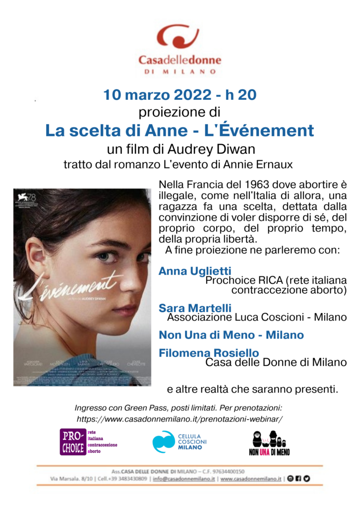 Proiezione del film La scelta di Anne L Événement Associazione Luca Coscioni