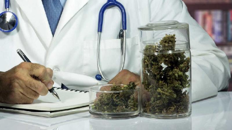 Medico con barattoli di cannabis terapeutica